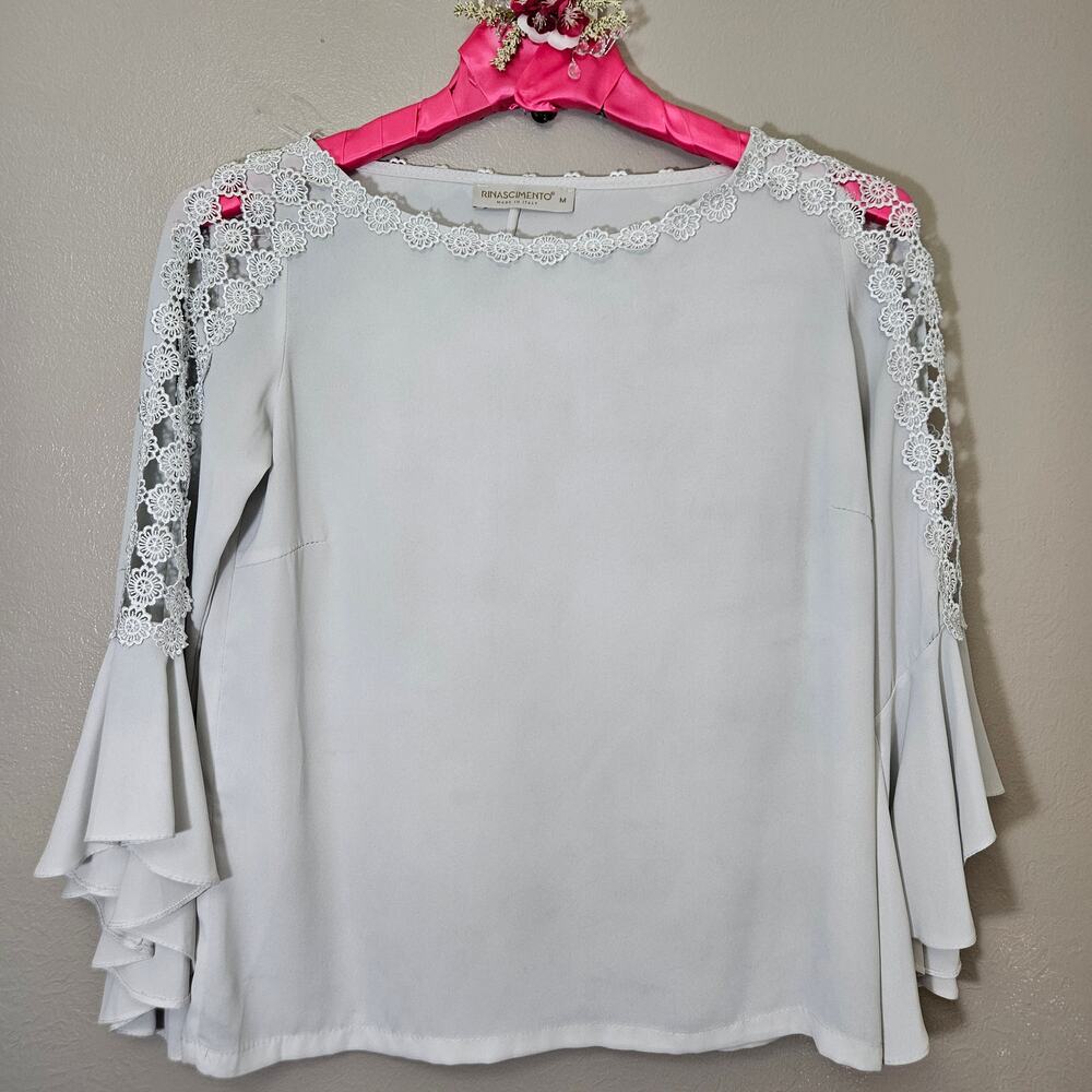 Rinascimento Italy Lace Bell Sleeve Blouse LightGrey M Boho Romantic Fairy Chic